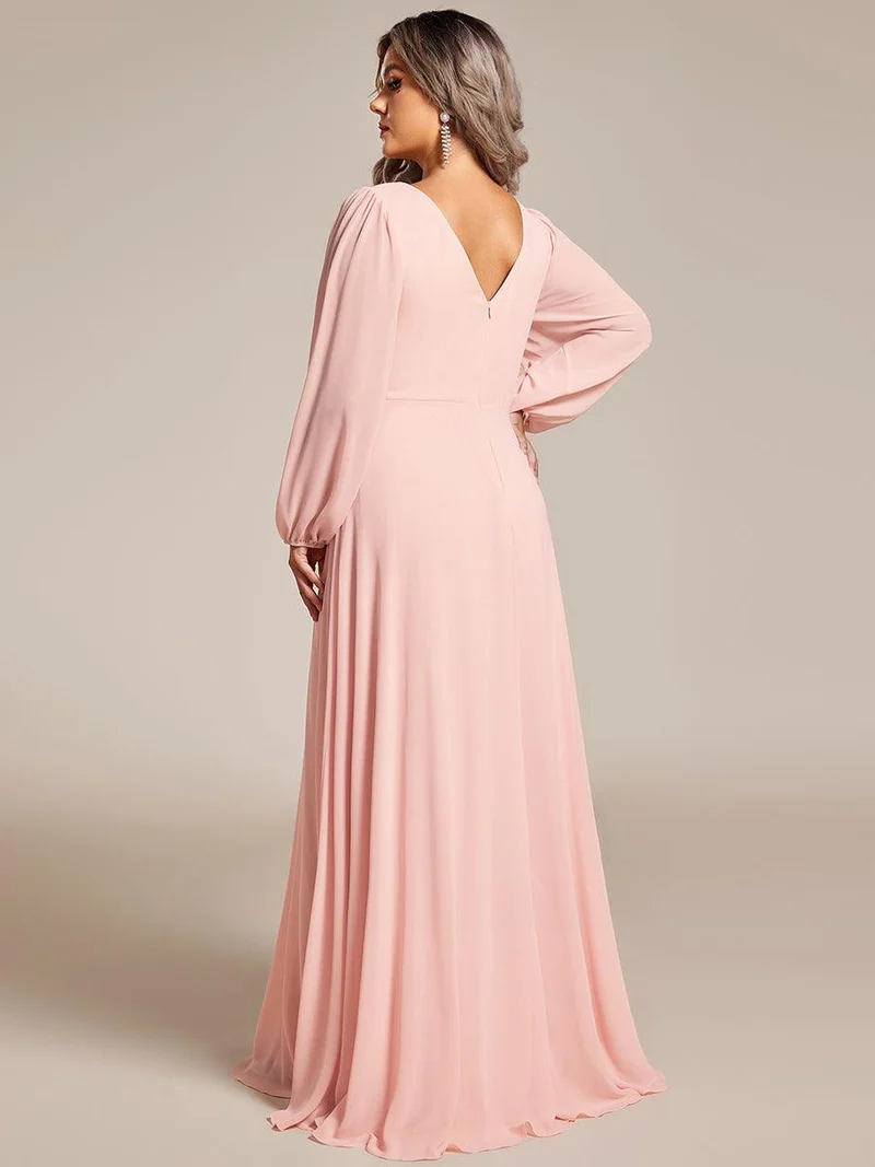 pretty ESMÉE|Robe de soirée grande taille plissée en mousseline de soie double col V manches longues ceinture brillant