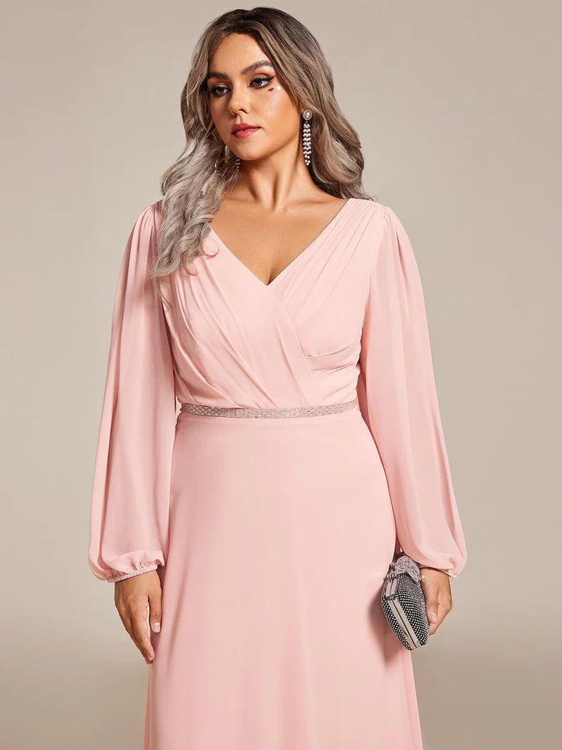 pretty ESMÉE|Robe de soirée grande taille plissée en mousseline de soie double col V manches longues ceinture brillant