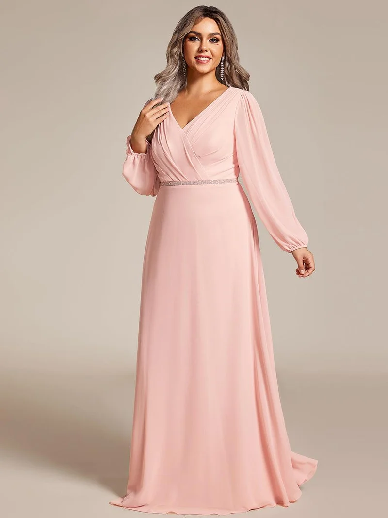 pretty ESMÉE|Robe de soirée grande taille plissée en mousseline de soie double col V manches longues ceinture brillant
