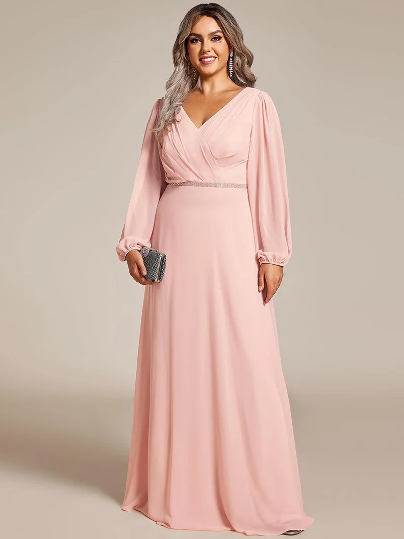 pretty ESMÉE|Robe de soirée grande taille plissée en mousseline de soie double col V manches longues ceinture brillant