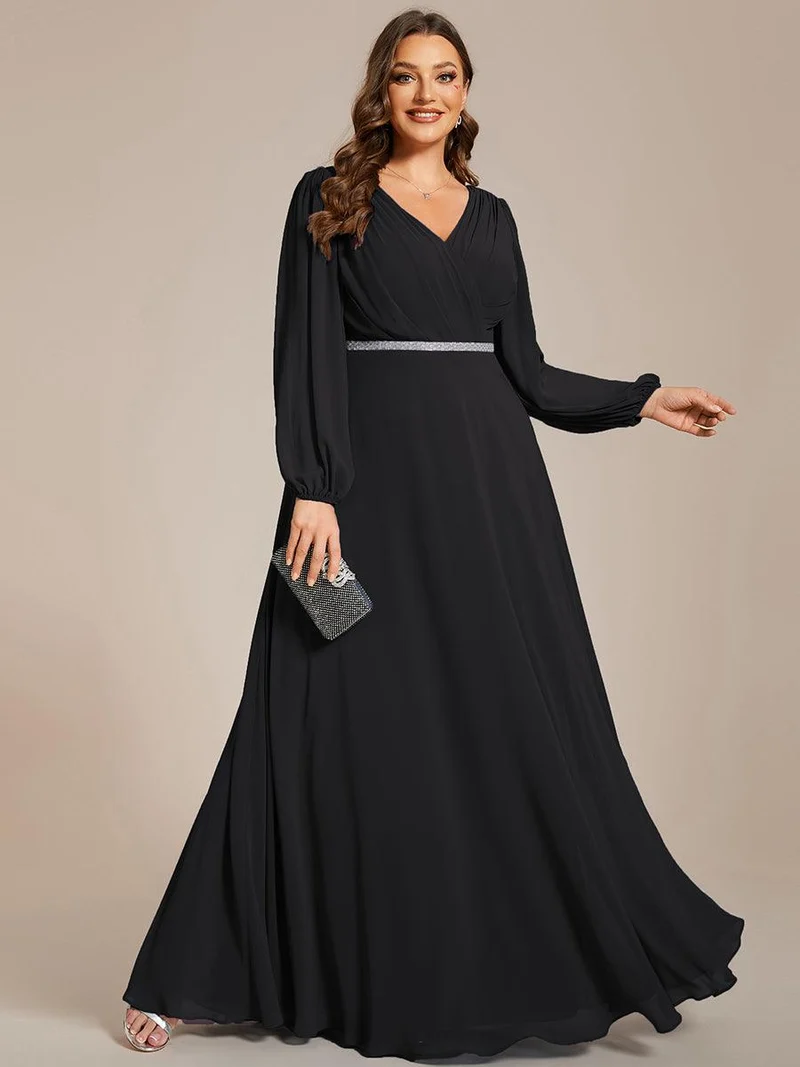 pretty ESMÉE|Robe de soirée grande taille plissée en mousseline de soie double col V manches longues ceinture brillant