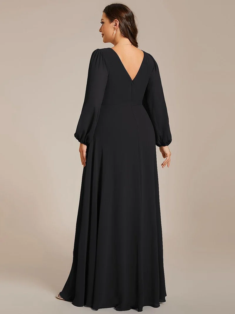 pretty ESMÉE|Robe de soirée grande taille plissée en mousseline de soie double col V manches longues ceinture brillant