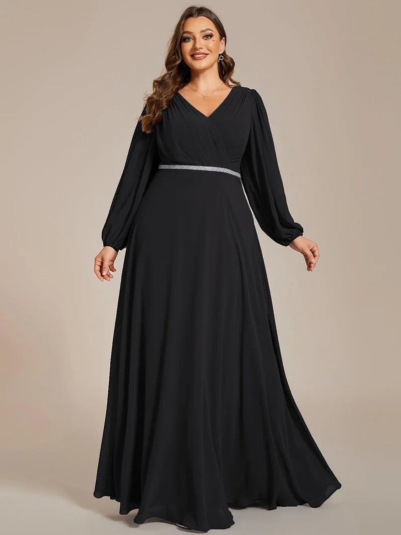 pretty ESMÉE|Robe de soirée grande taille plissée en mousseline de soie double col V manches longues ceinture brillant