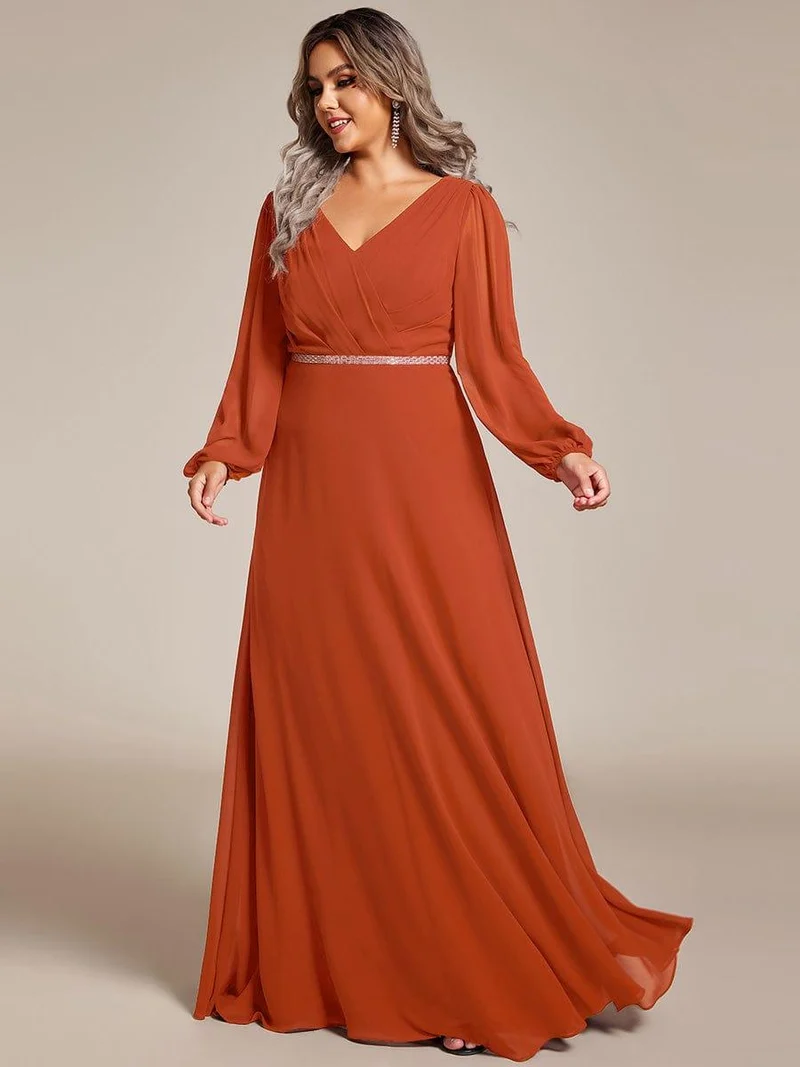 pretty ESMÉE|Robe de soirée grande taille plissée en mousseline de soie double col V manches longues ceinture brillant