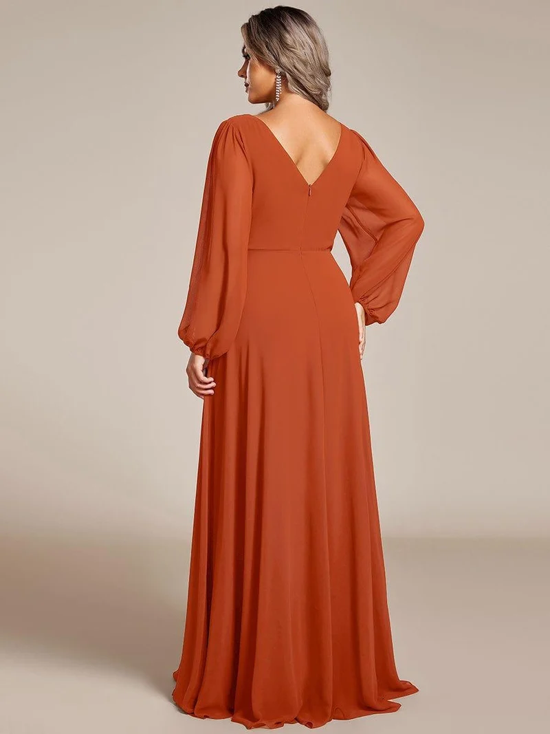 pretty ESMÉE|Robe de soirée grande taille plissée en mousseline de soie double col V manches longues ceinture brillant