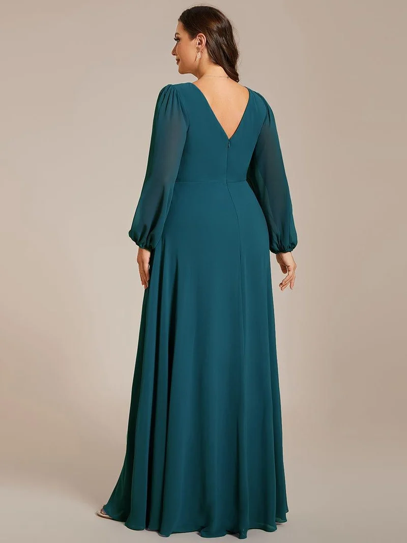 pretty ESMÉE|Robe de soirée grande taille plissée en mousseline de soie double col V manches longues ceinture brillant