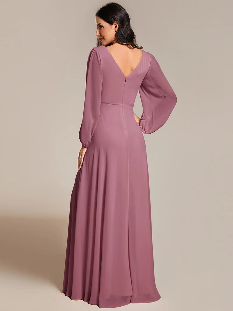 pretty ESMÉE|Robe de soirée grande taille plissée en mousseline de soie double col V manches longues ceinture brillant