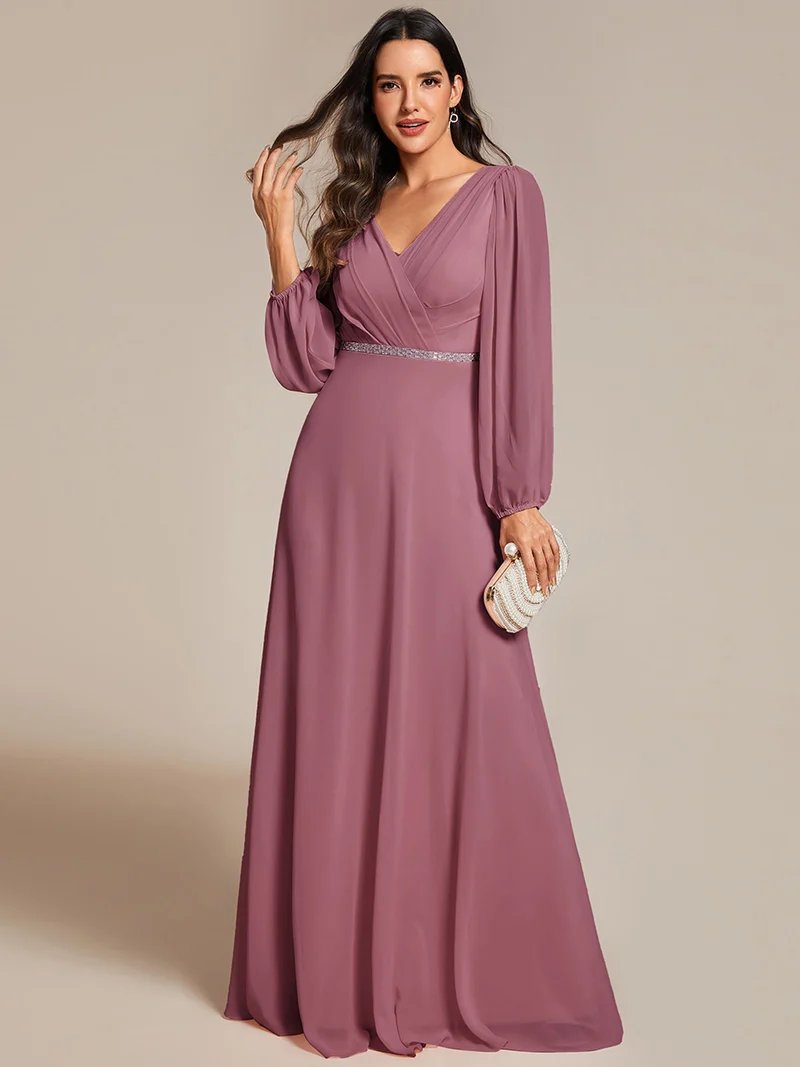 pretty ESMÉE|Robe de soirée grande taille plissée en mousseline de soie double col V manches longues ceinture brillant
