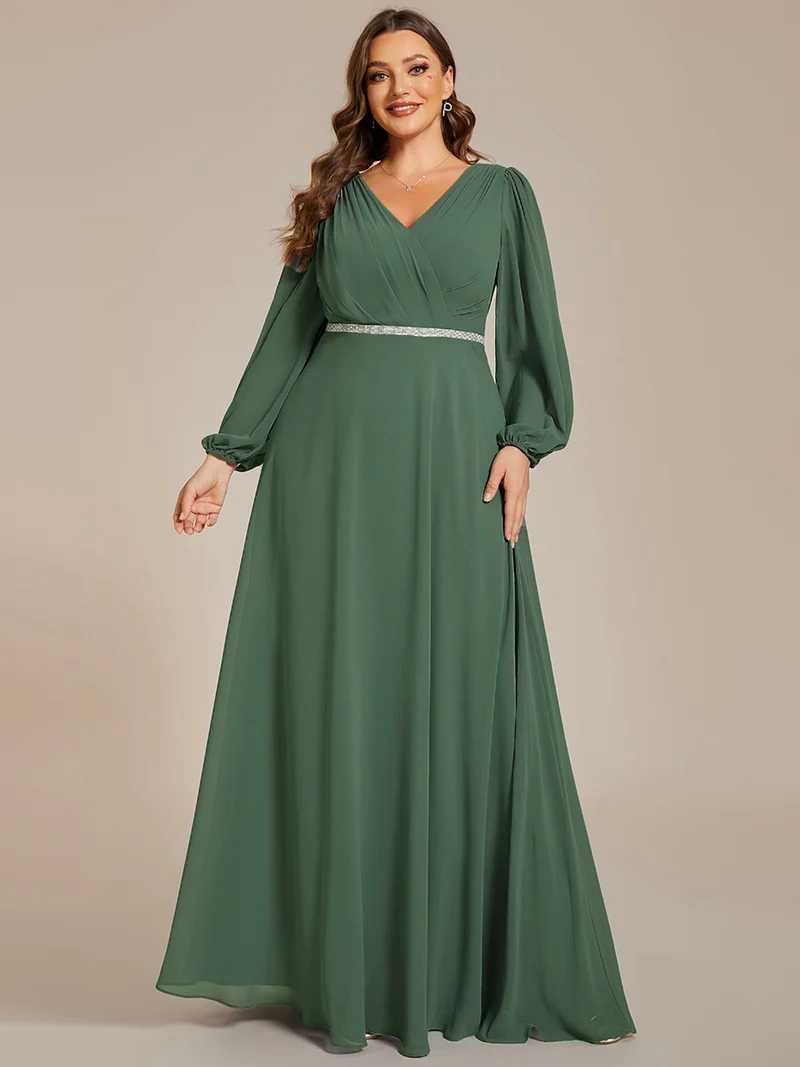 pretty ESMÉE|Robe de soirée grande taille plissée en mousseline de soie double col V manches longues ceinture brillant