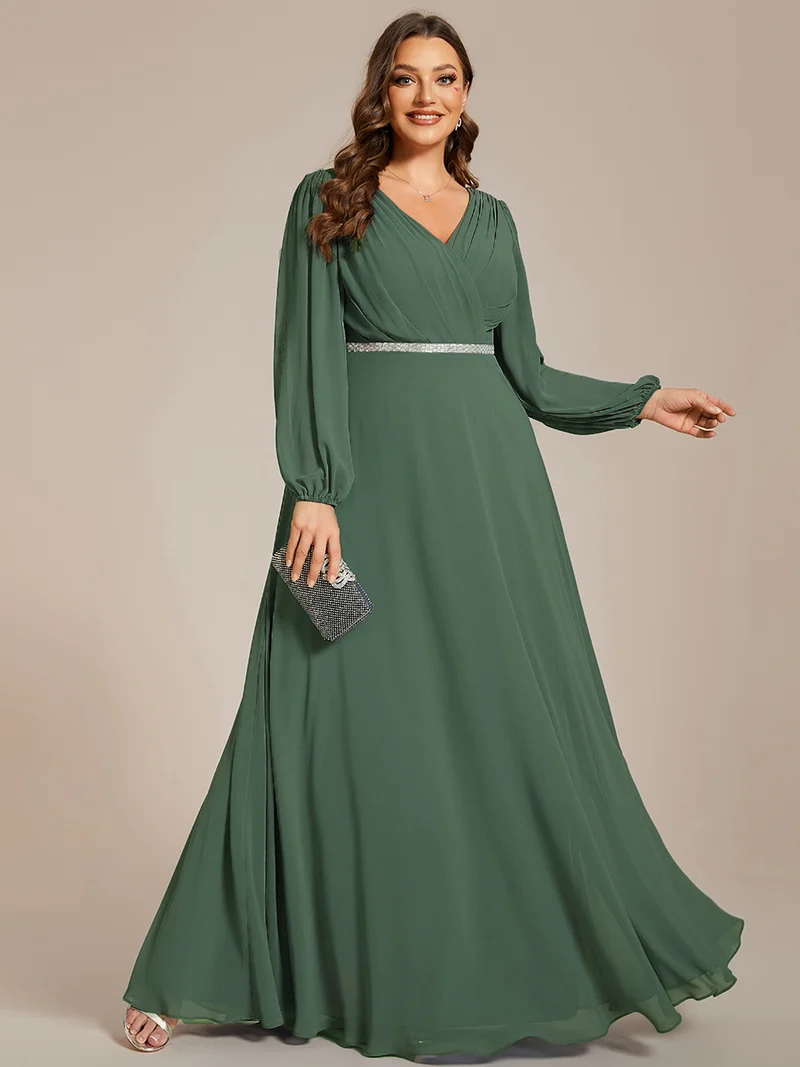 pretty ESMÉE|Robe de soirée grande taille plissée en mousseline de soie double col V manches longues ceinture brillant