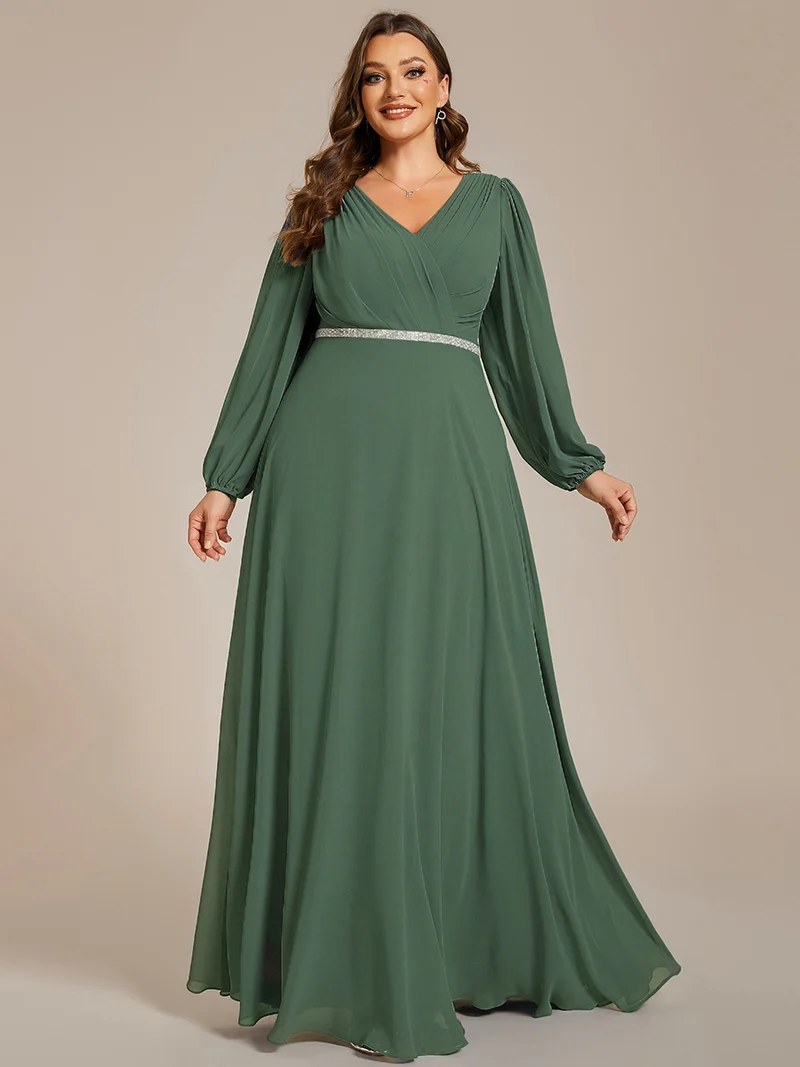 pretty ESMÉE|Robe de soirée grande taille plissée en mousseline de soie double col V manches longues ceinture brillant