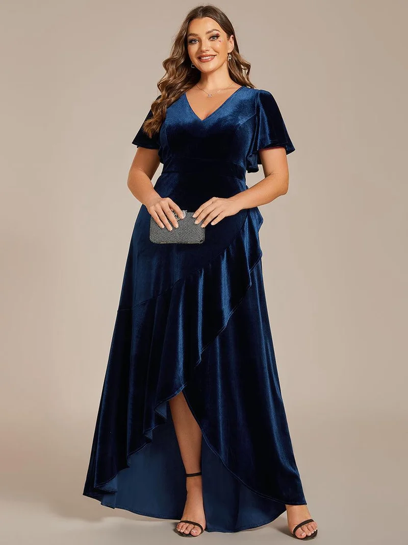 pretty SYLVA|GRANDE TAILLE Robe de soirée en velours extensible à double col en V et manches courtes avec ourlet en feuille de lotus