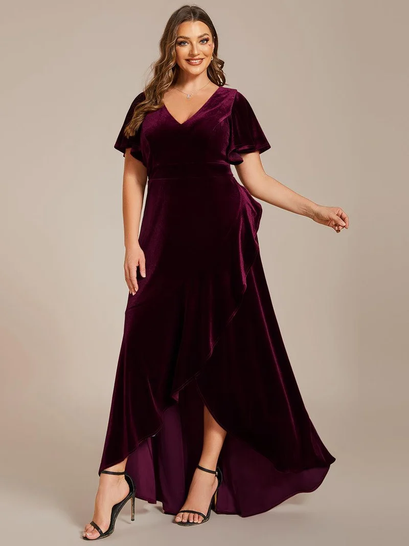 pretty SYLVA|GRANDE TAILLE Robe de soirée en velours extensible à double col en V et manches courtes avec ourlet en feuille de lotus