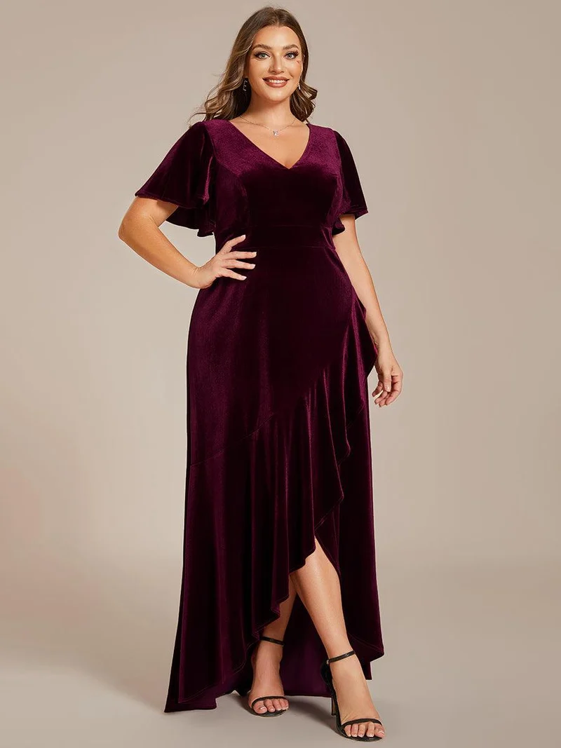 pretty SYLVA|GRANDE TAILLE Robe de soirée en velours extensible à double col en V et manches courtes avec ourlet en feuille de lotus