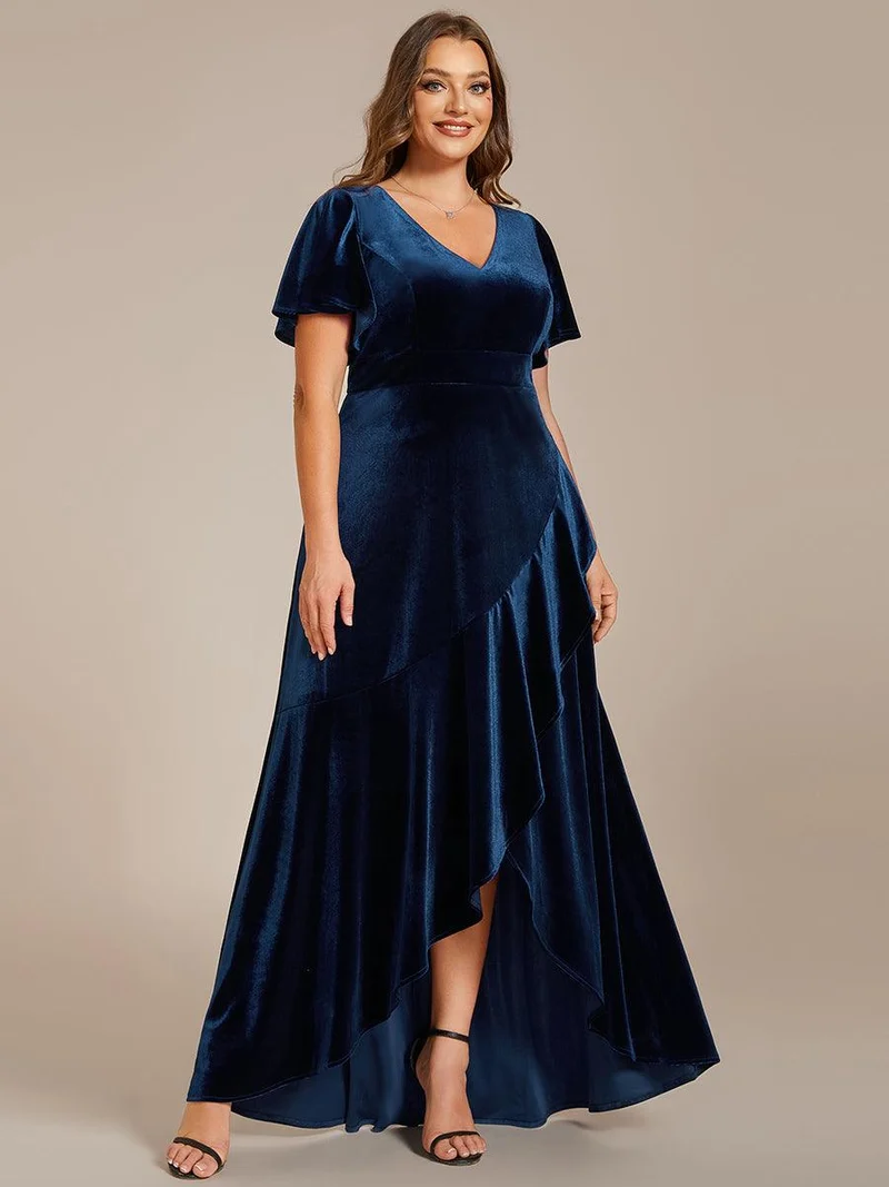 pretty SYLVA|GRANDE TAILLE Robe de soirée en velours extensible à double col en V et manches courtes avec ourlet en feuille de lotus