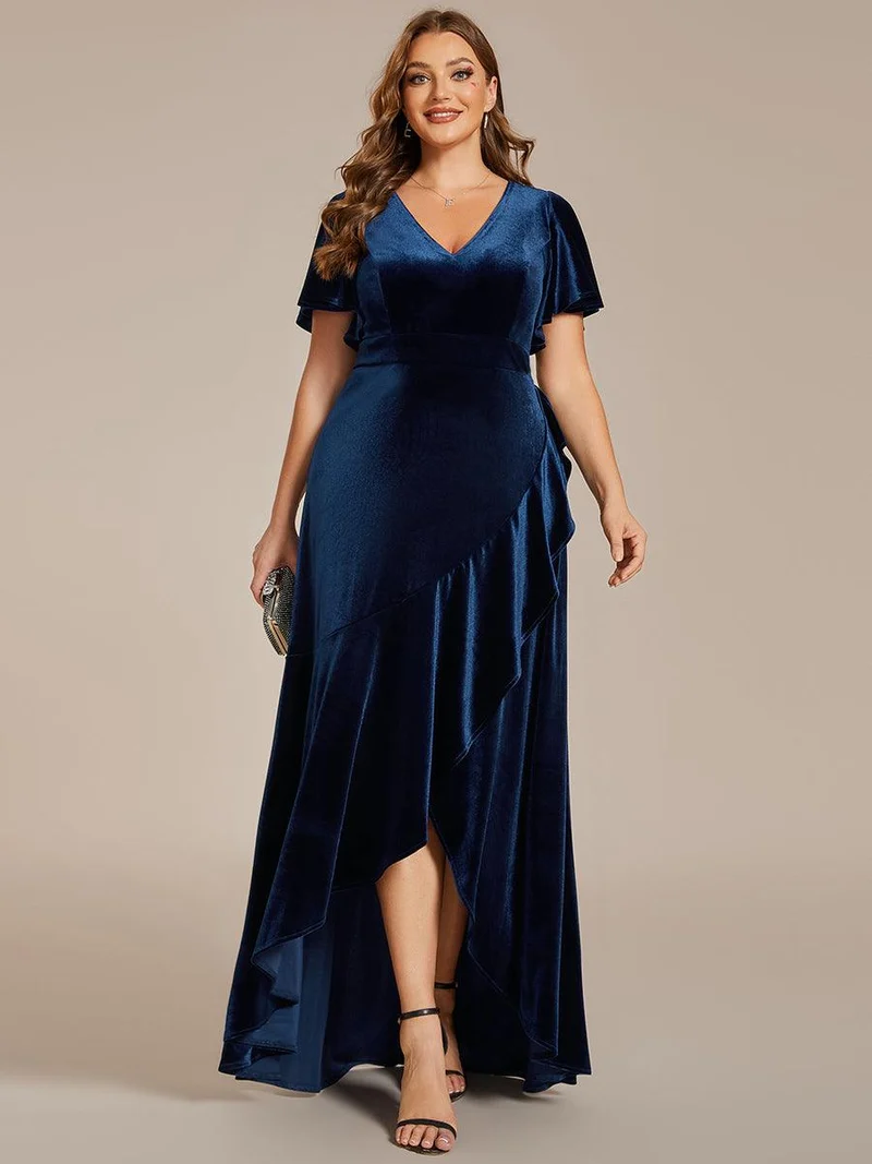 pretty SYLVA|GRANDE TAILLE Robe de soirée en velours extensible à double col en V et manches courtes avec ourlet en feuille de lotus