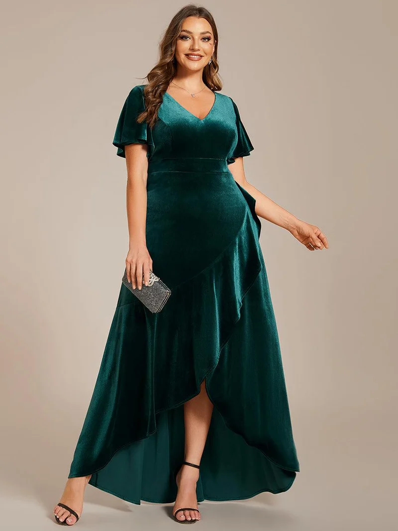pretty SYLVA|GRANDE TAILLE Robe de soirée en velours extensible à double col en V et manches courtes avec ourlet en feuille de lotus