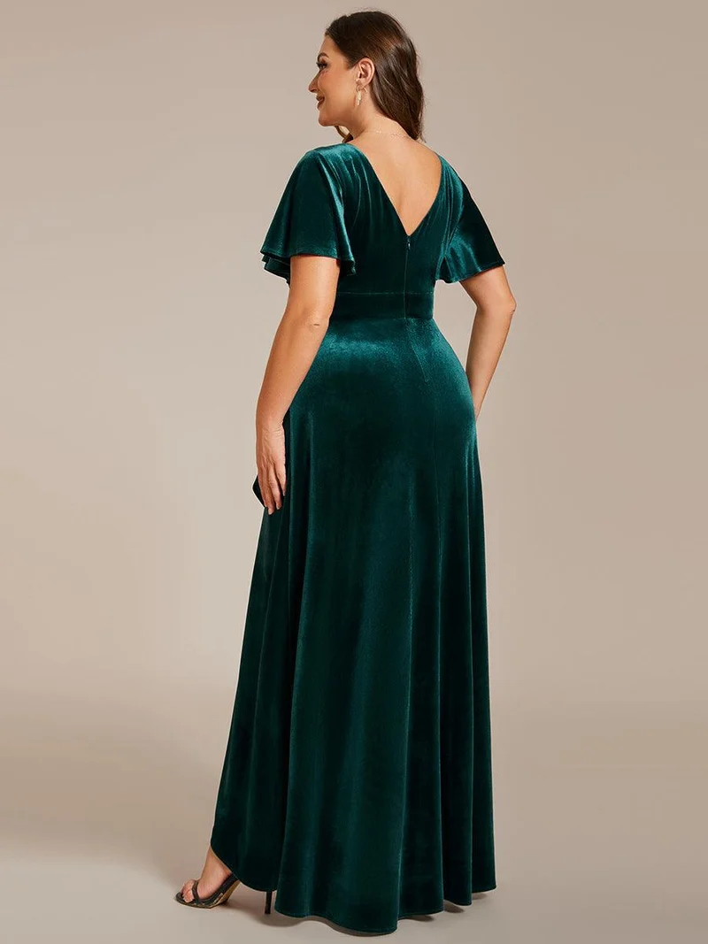 pretty SYLVA|GRANDE TAILLE Robe de soirée en velours extensible à double col en V et manches courtes avec ourlet en feuille de lotus