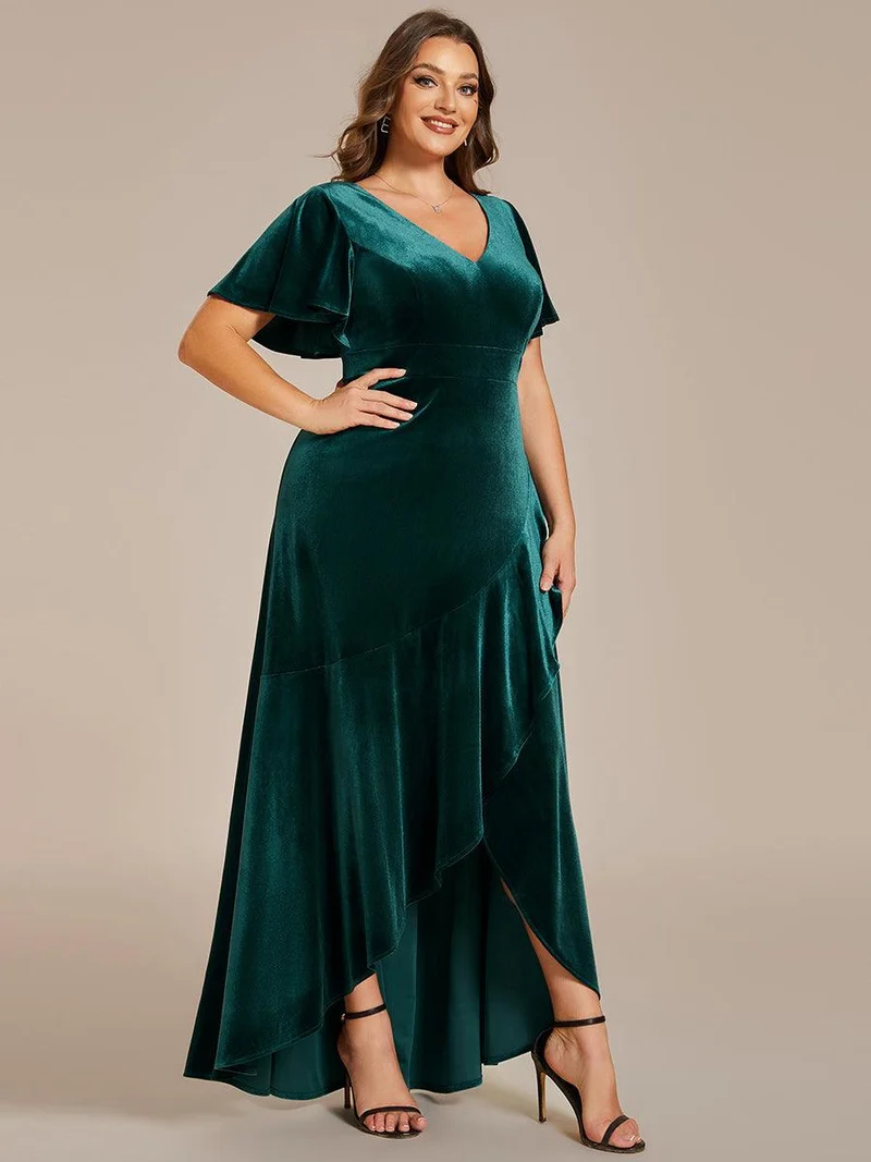 pretty SYLVA|GRANDE TAILLE Robe de soirée en velours extensible à double col en V et manches courtes avec ourlet en feuille de lotus