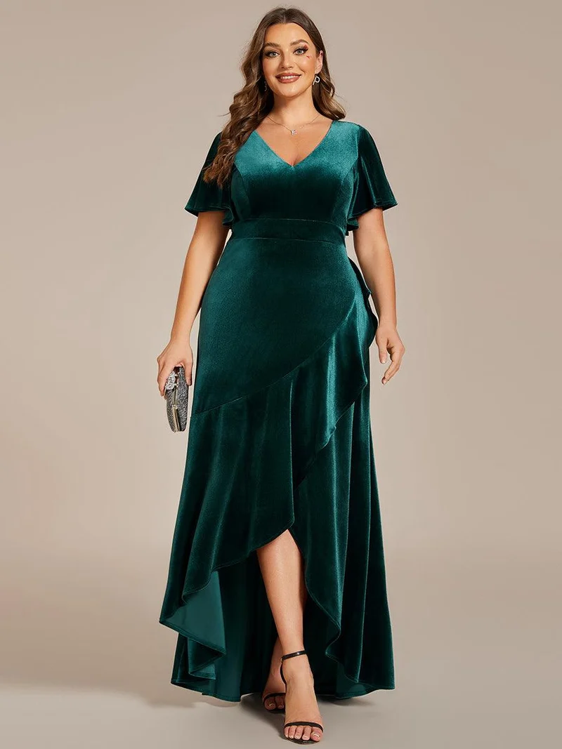 pretty SYLVA|GRANDE TAILLE Robe de soirée en velours extensible à double col en V et manches courtes avec ourlet en feuille de lotus