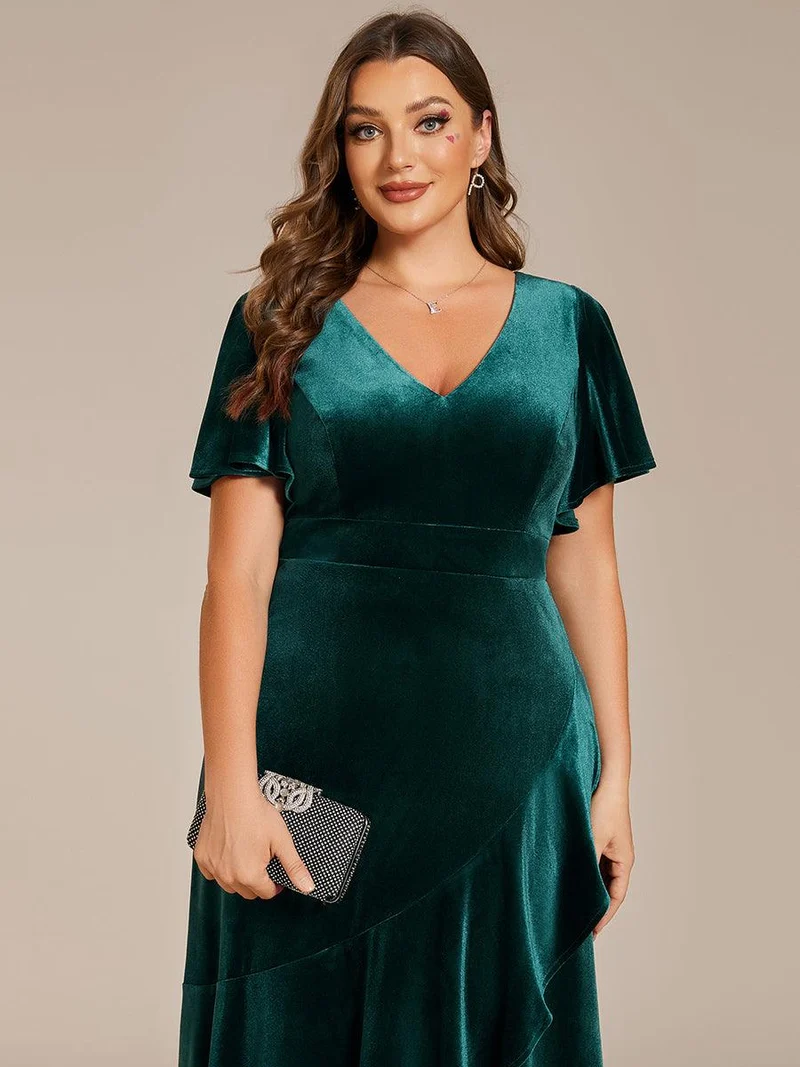 pretty SYLVA|GRANDE TAILLE Robe de soirée en velours extensible à double col en V et manches courtes avec ourlet en feuille de lotus