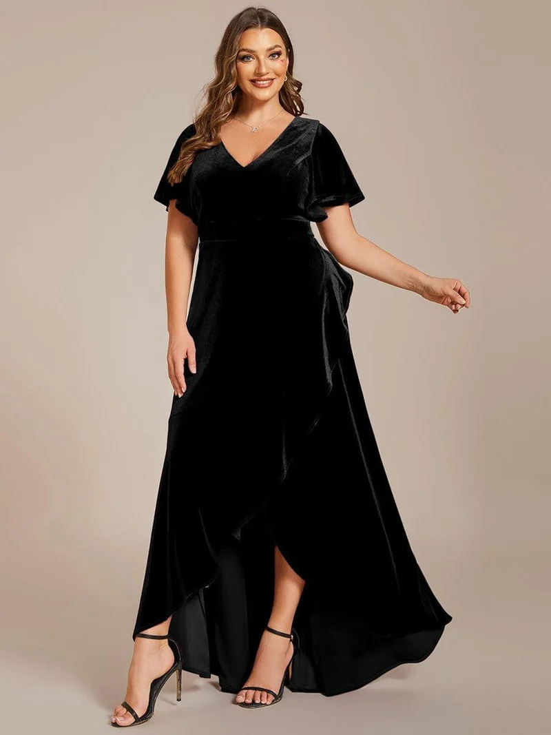 pretty SYLVA|GRANDE TAILLE Robe de soirée en velours extensible à double col en V et manches courtes avec ourlet en feuille de lotus