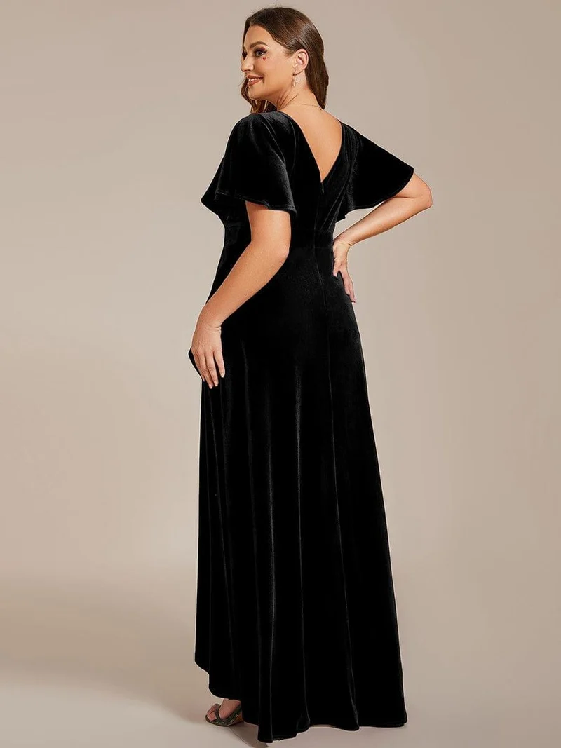 pretty SYLVA|GRANDE TAILLE Robe de soirée en velours extensible à double col en V et manches courtes avec ourlet en feuille de lotus