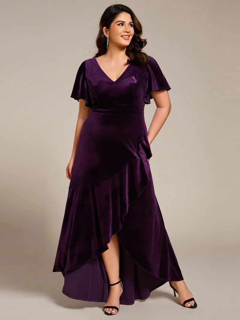 pretty SYLVA|GRANDE TAILLE Robe de soirée en velours extensible à double col en V et manches courtes avec ourlet en feuille de lotus