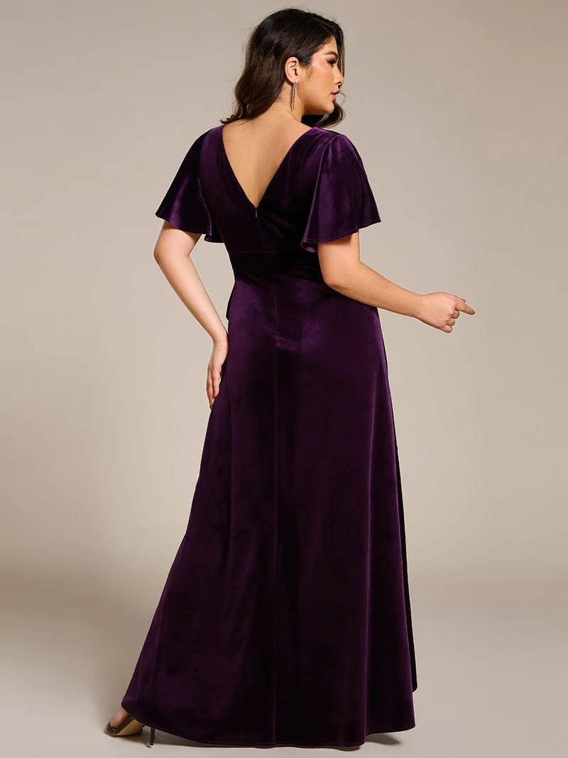 pretty SYLVA|GRANDE TAILLE Robe de soirée en velours extensible à double col en V et manches courtes avec ourlet en feuille de lotus