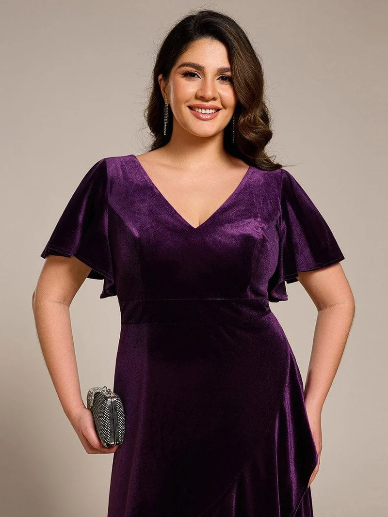 pretty SYLVA|GRANDE TAILLE Robe de soirée en velours extensible à double col en V et manches courtes avec ourlet en feuille de lotus