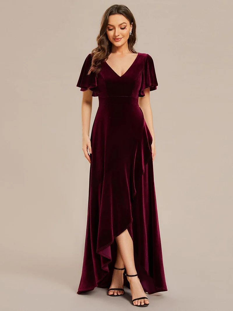 ever SYLVA|Robe de soirée en velours extensible à double col en V et manches courtes avec ourlet en feuille de lotus