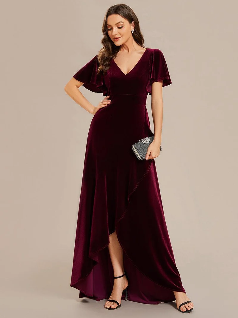 ever SYLVA|Robe de soirée en velours extensible à double col en V et manches courtes avec ourlet en feuille de lotus