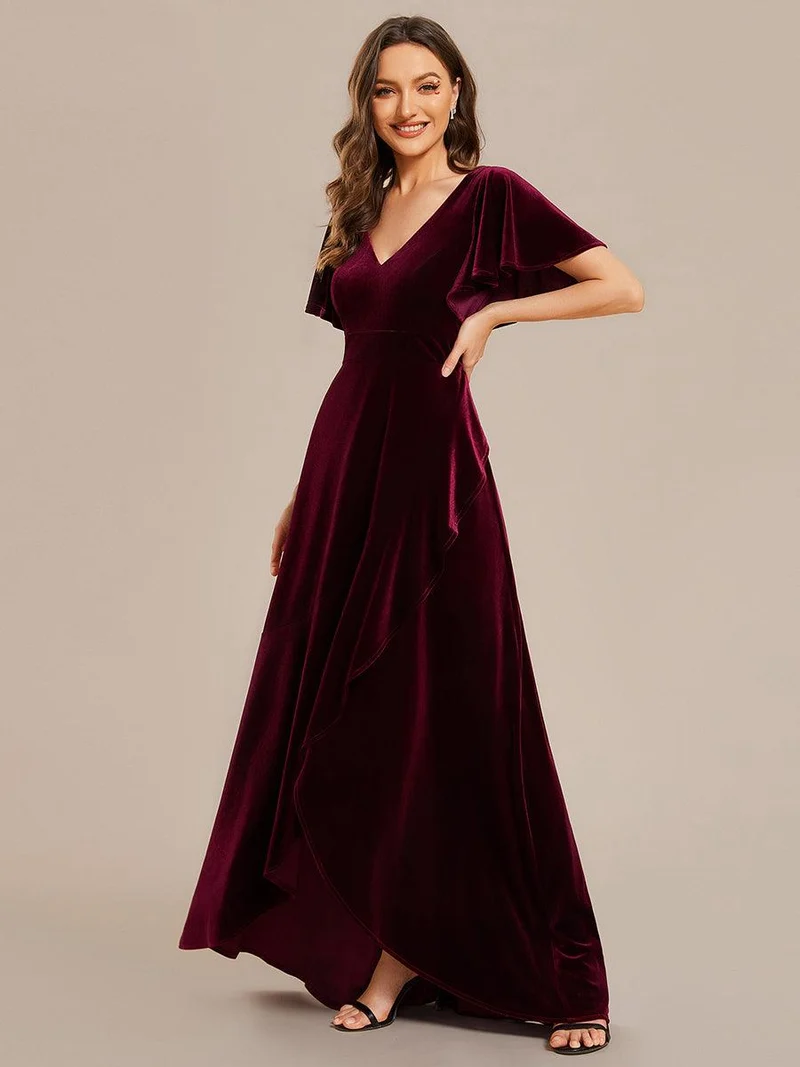 ever SYLVA|Robe de soirée en velours extensible à double col en V et manches courtes avec ourlet en feuille de lotus
