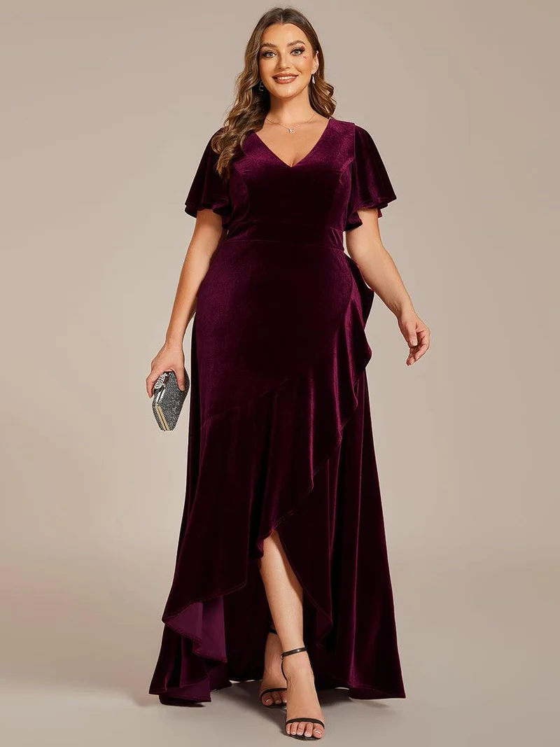 ever SYLVA|Robe de soirée en velours extensible à double col en V et manches courtes avec ourlet en feuille de lotus