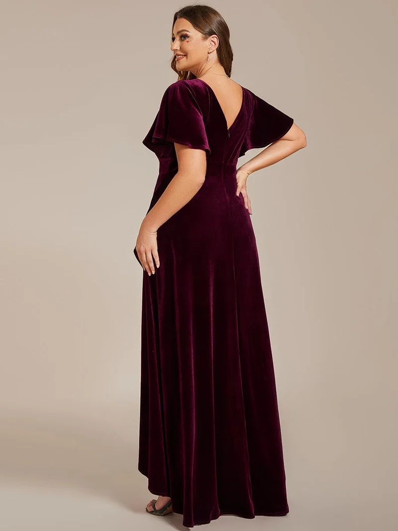 ever SYLVA|Robe de soirée en velours extensible à double col en V et manches courtes avec ourlet en feuille de lotus