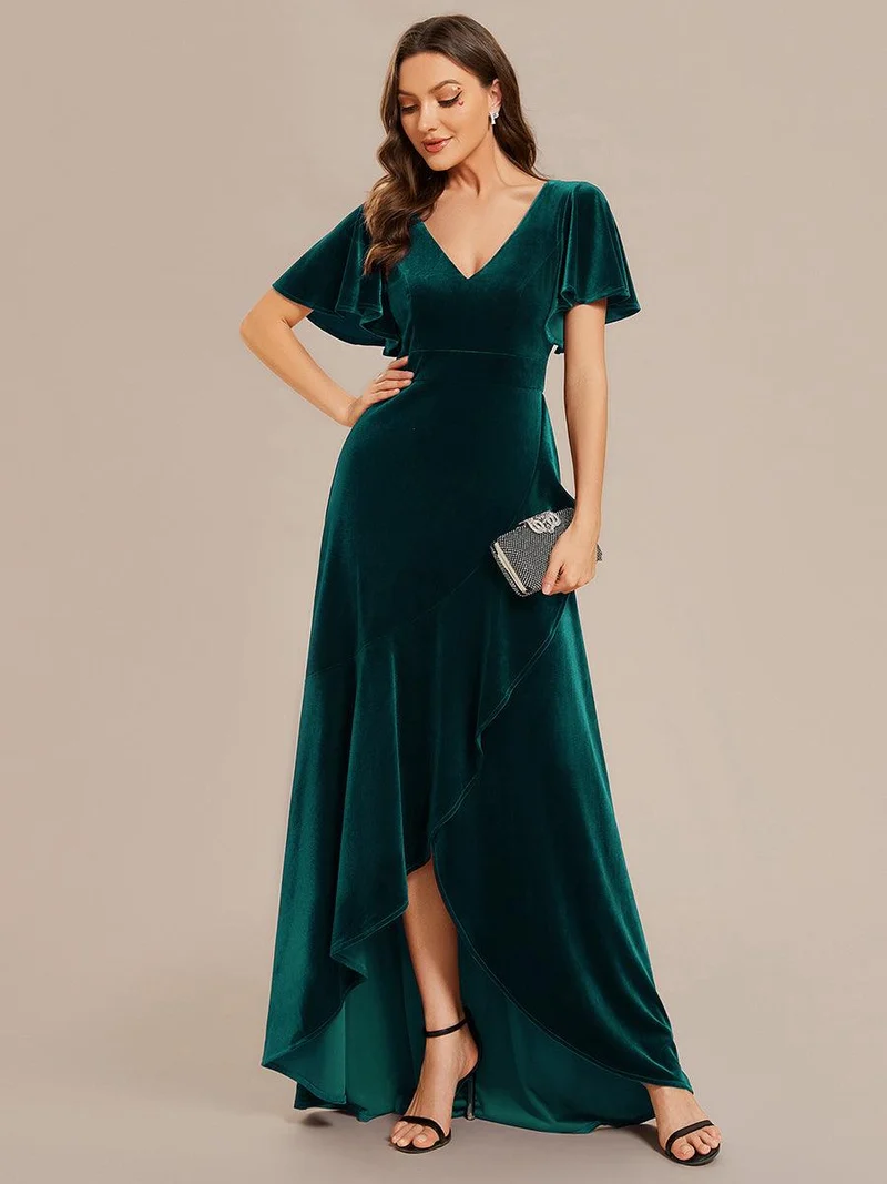 ever SYLVA|Robe de soirée en velours extensible à double col en V et manches courtes avec ourlet en feuille de lotus