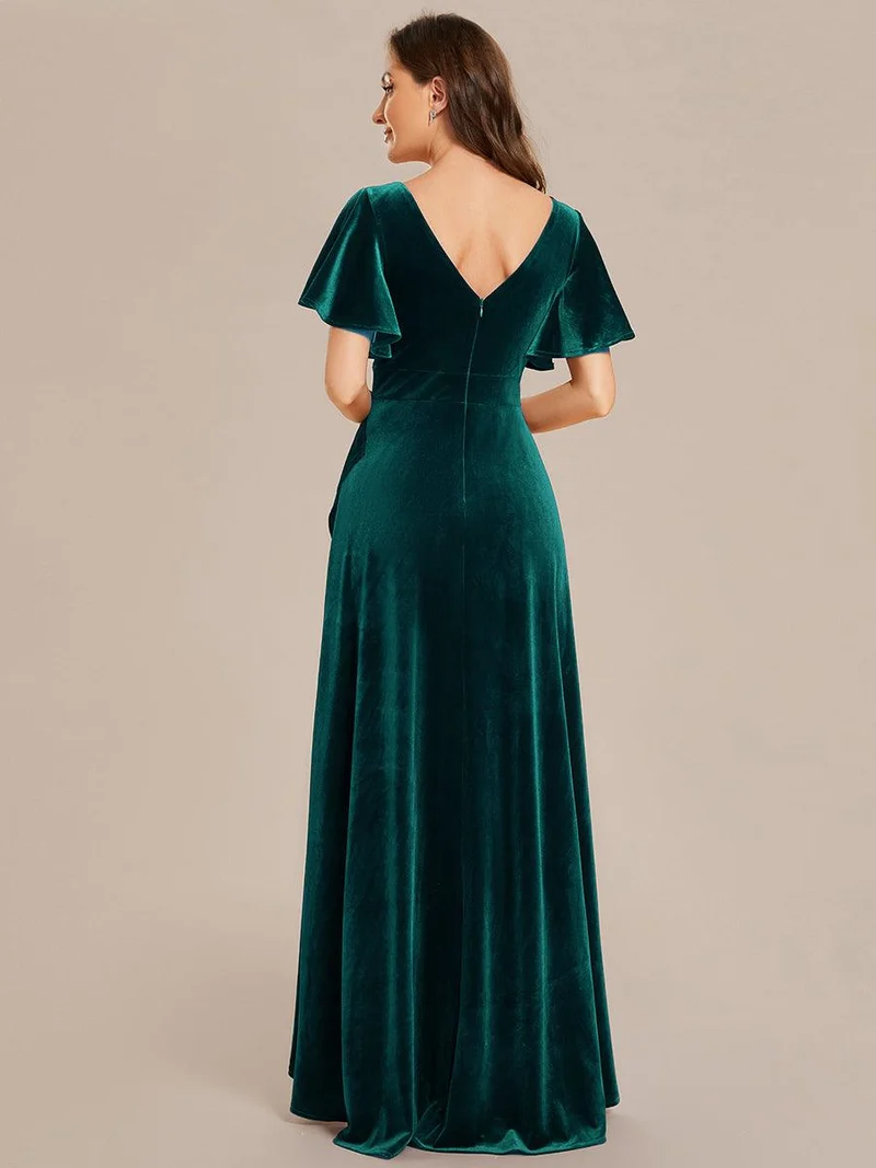 ever SYLVA|Robe de soirée en velours extensible à double col en V et manches courtes avec ourlet en feuille de lotus