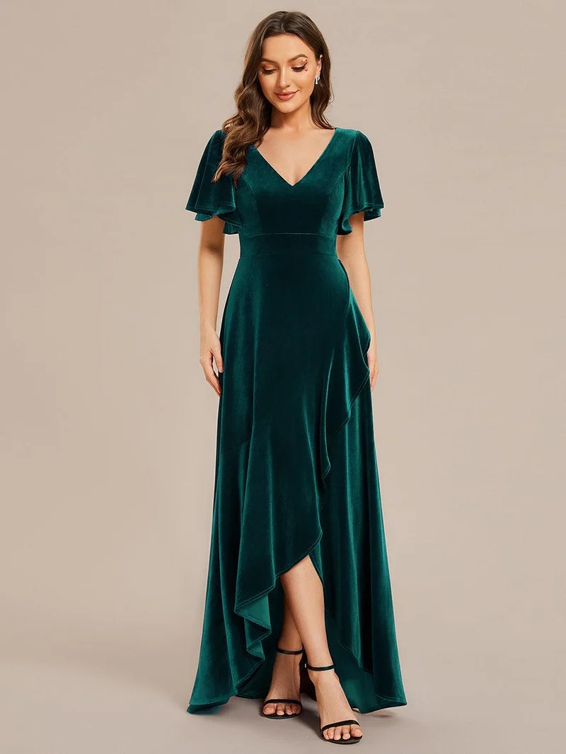 ever SYLVA|Robe de soirée en velours extensible à double col en V et manches courtes avec ourlet en feuille de lotus