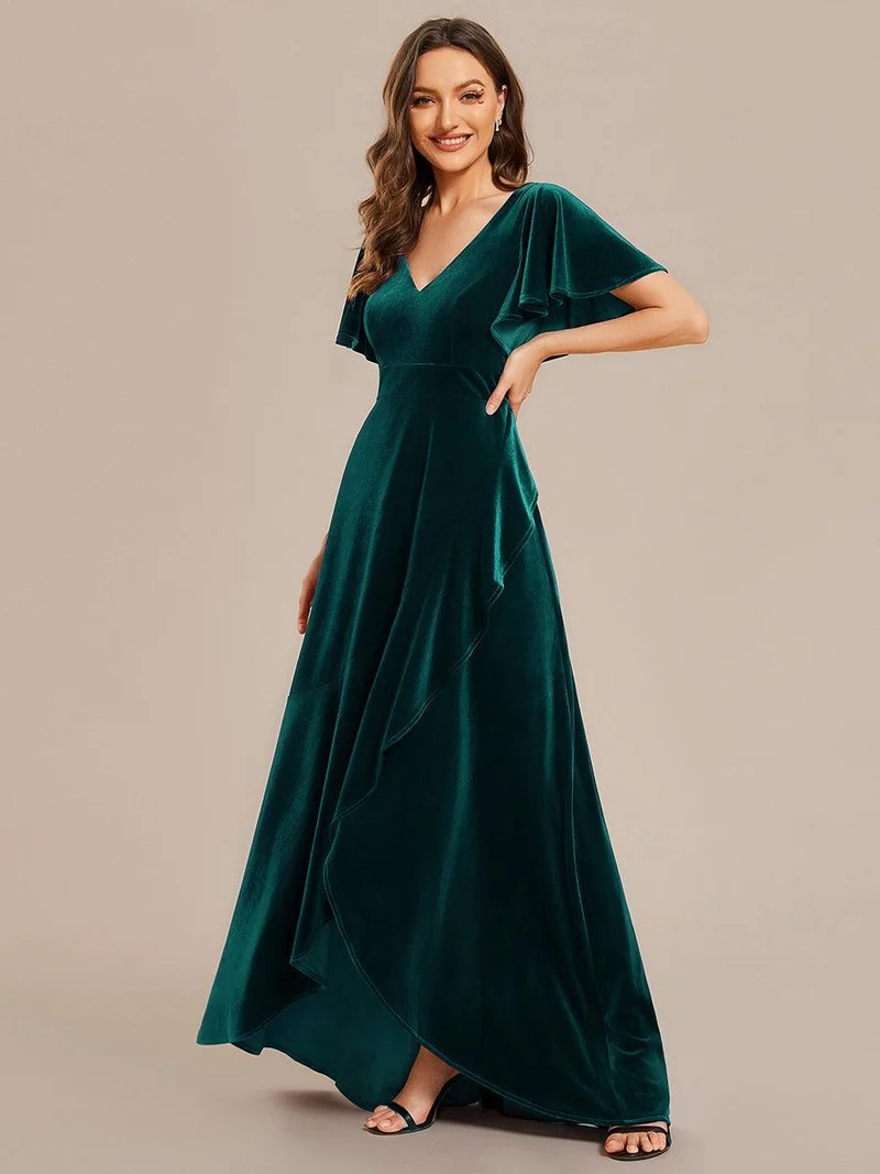 ever SYLVA|Robe de soirée en velours extensible à double col en V et manches courtes avec ourlet en feuille de lotus