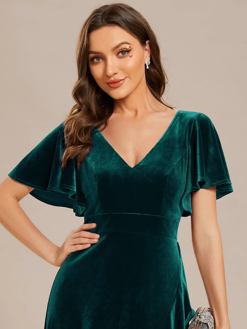 ever SYLVA|Robe de soirée en velours extensible à double col en V et manches courtes avec ourlet en feuille de lotus