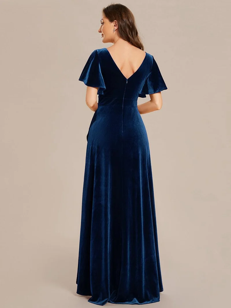 ever SYLVA|Robe de soirée en velours extensible à double col en V et manches courtes avec ourlet en feuille de lotus