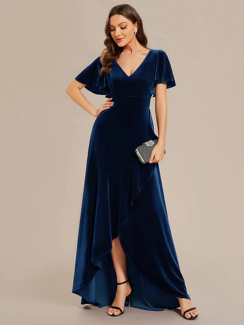 ever SYLVA|Robe de soirée en velours extensible à double col en V et manches courtes avec ourlet en feuille de lotus