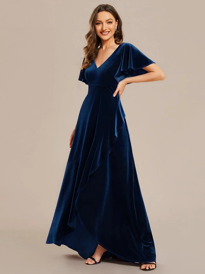 ever SYLVA|Robe de soirée en velours extensible à double col en V et manches courtes avec ourlet en feuille de lotus