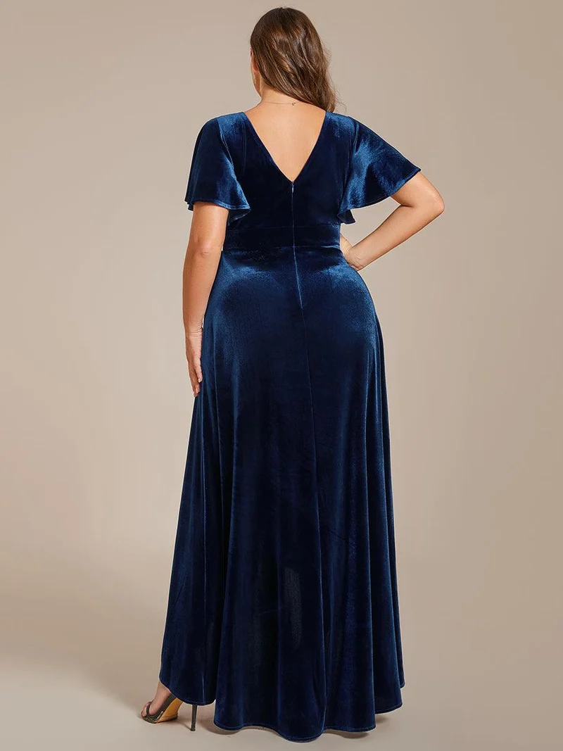 ever SYLVA|Robe de soirée en velours extensible à double col en V et manches courtes avec ourlet en feuille de lotus