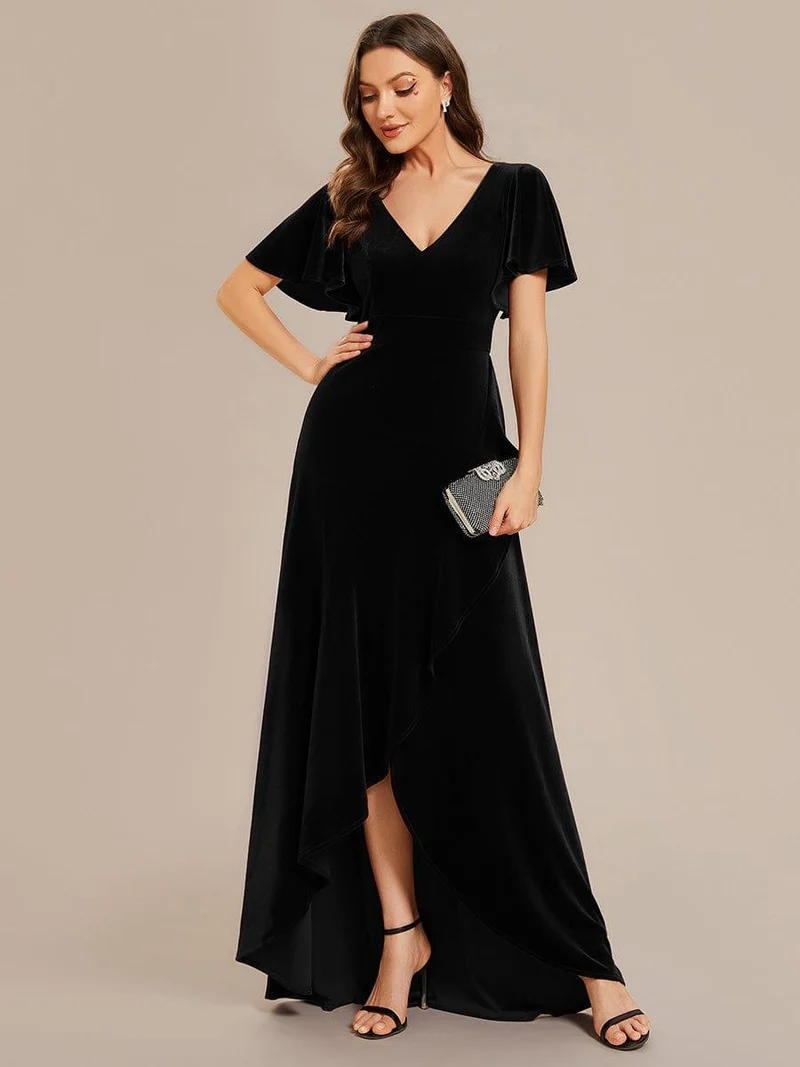 ever SYLVA|Robe de soirée en velours extensible à double col en V et manches courtes avec ourlet en feuille de lotus