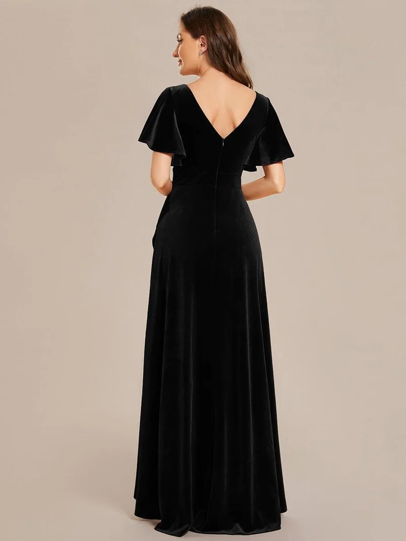 ever SYLVA|Robe de soirée en velours extensible à double col en V et manches courtes avec ourlet en feuille de lotus