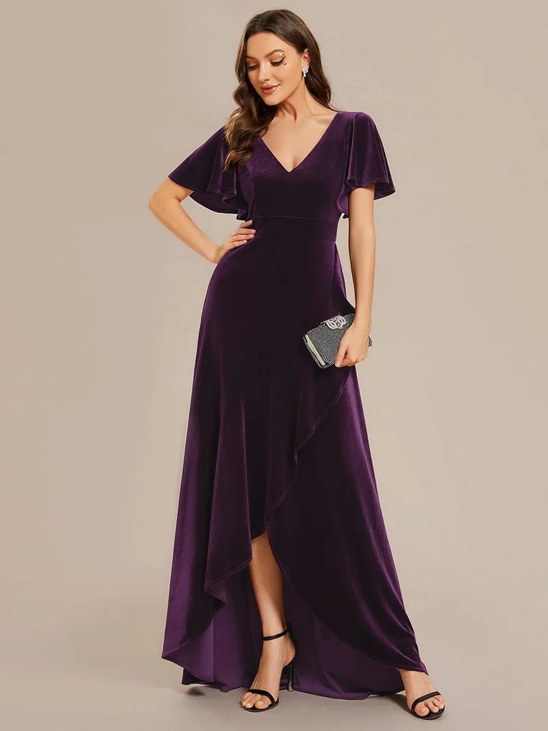 ever SYLVA|Robe de soirée en velours extensible à double col en V et manches courtes avec ourlet en feuille de lotus