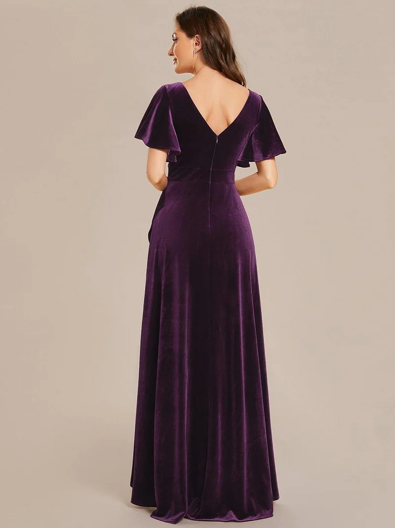 ever SYLVA|Robe de soirée en velours extensible à double col en V et manches courtes avec ourlet en feuille de lotus