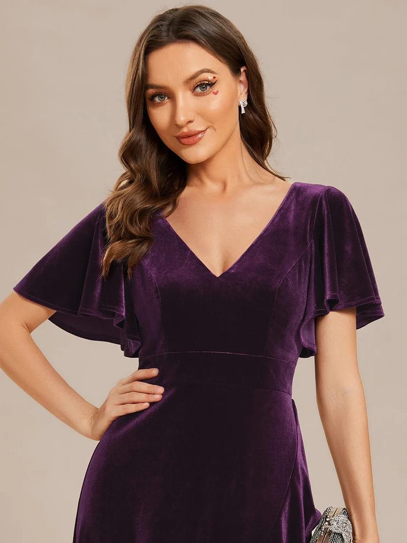 ever SYLVA|Robe de soirée en velours extensible à double col en V et manches courtes avec ourlet en feuille de lotus