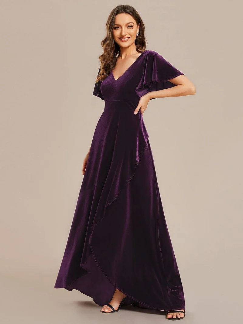 ever SYLVA|Robe de soirée en velours extensible à double col en V et manches courtes avec ourlet en feuille de lotus